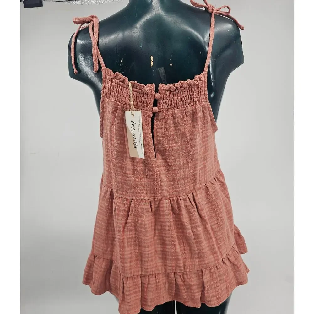 New In Blush Pink Sleeveless Baby Doll Tiered Cotton Boho Top Size S 3360